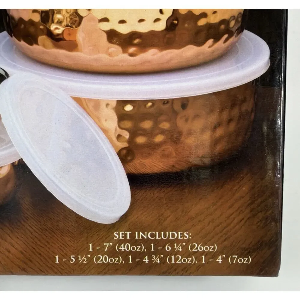 5 Piece Hammered Copper Bowls w/ Lids - Godinger - New